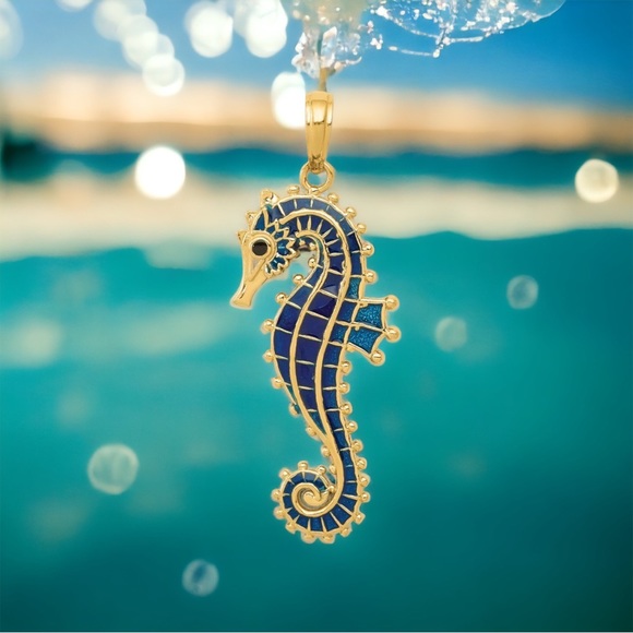 14k Yellow Gold Nautical 3-D Blue Enameled Seahorse Necklace Charm Pendant